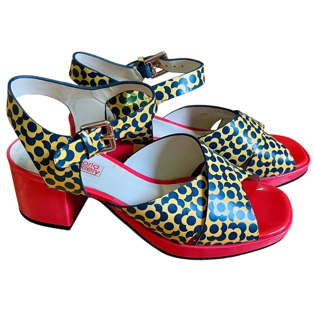 Clarks Orla Kiely Sandals‎ Womens 8.5 Yellow Red Block Heel Retro Statement Mod